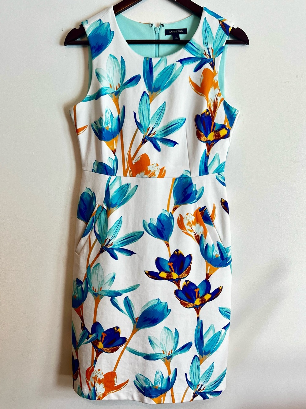 Lands’ End • Tropical Floral • Sheath Dress • Size 6 Blue Orange • Pockets